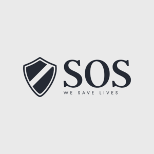 The logo of sos in gray with a shield with gray background